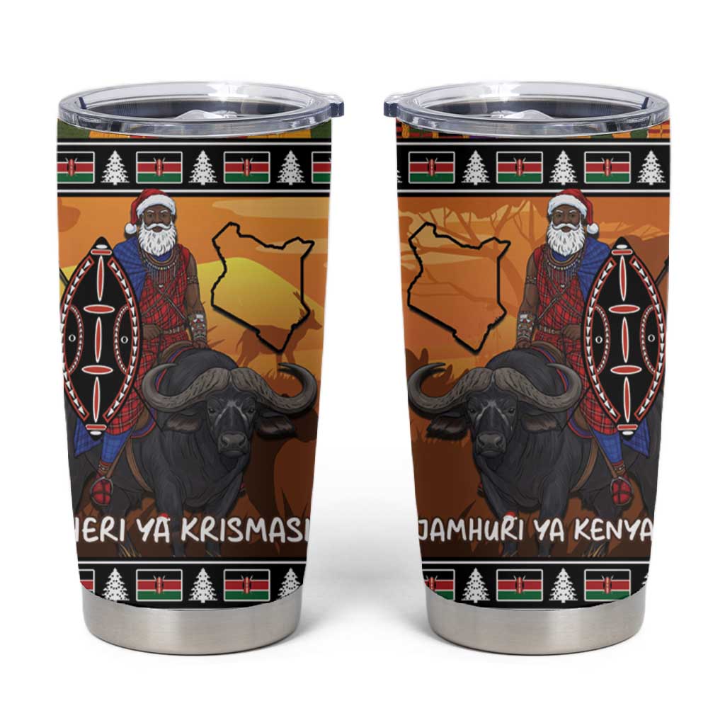 Afro Christmas in Kenya Safari Tumbler Cup Black Santa Riding Cape Buffalo - African Pride