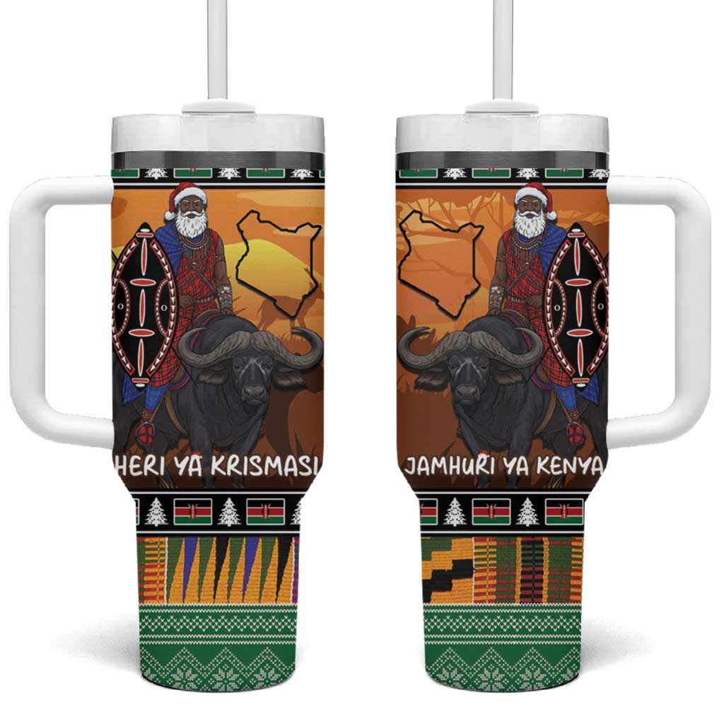 Afro Christmas in Kenya Safari Tumbler With Handle Black Santa Riding Cape Buffalo - African Pride