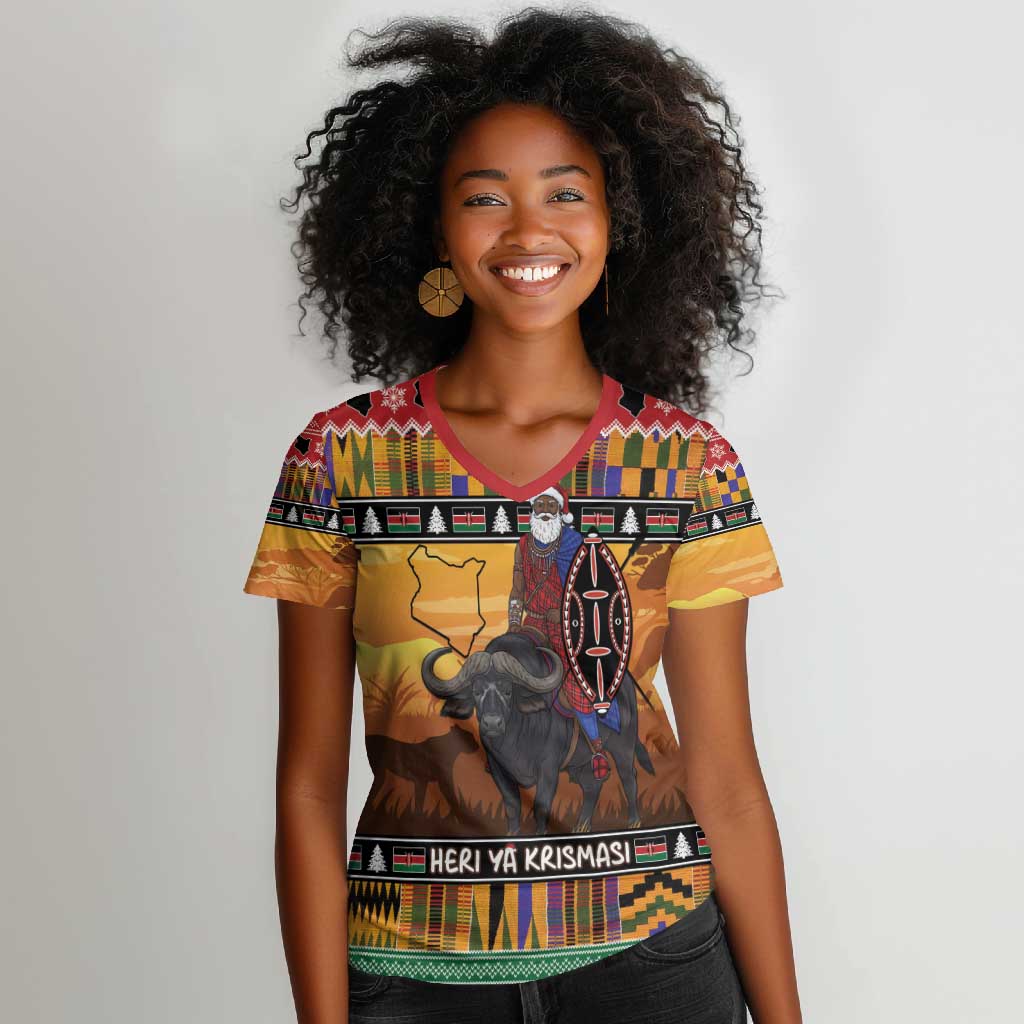 Afro Christmas in Kenya Safari Women V-Neck T-Shirt Black Santa Riding Cape Buffalo - African Pride