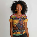 Afro Christmas in Kenya Safari Women V-Neck T-Shirt Black Santa Riding Cape Buffalo - African Pride