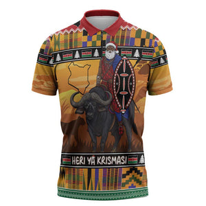 Kenya Safari Christmas Zipper Polo Shirt Black Santa Riding Cape Buffalo - Heri ya Krismasi