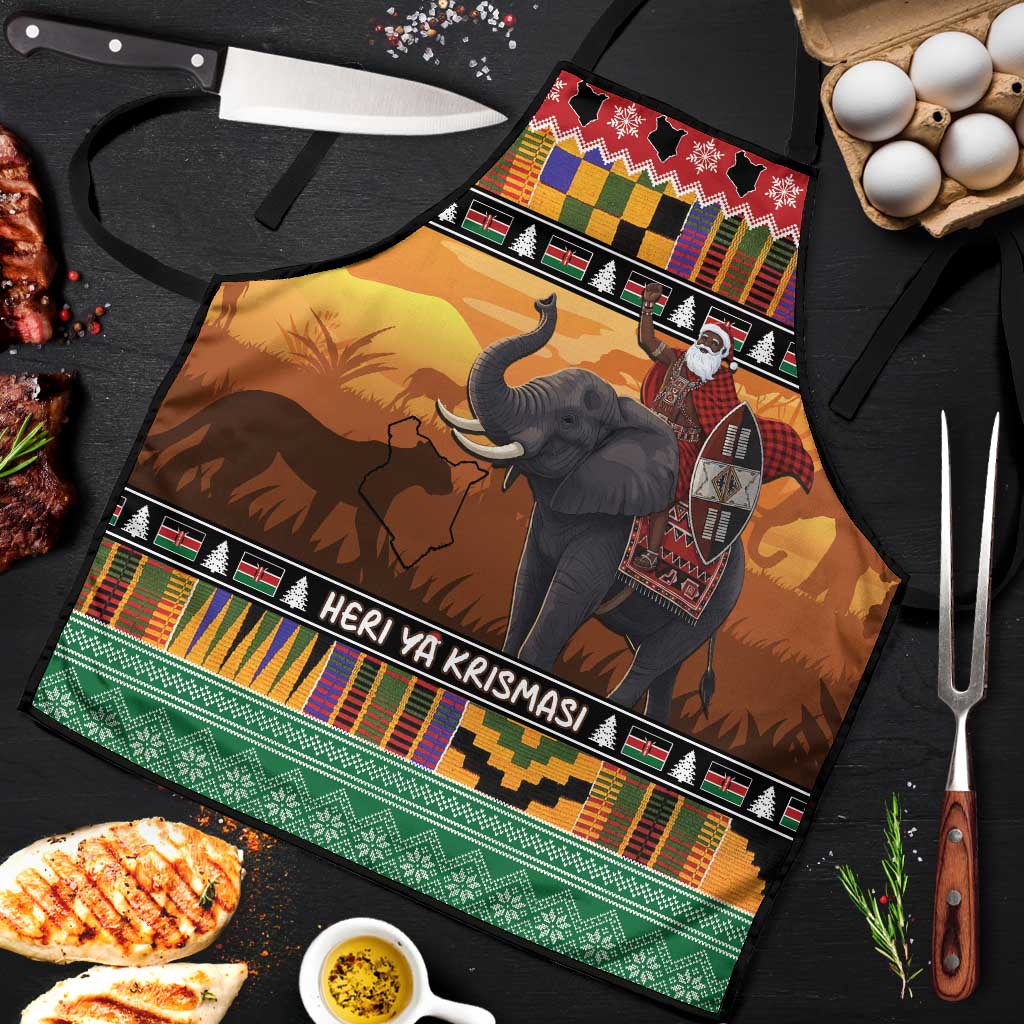 Kenya Safari Christmas Apron Black Santa Riding Elephant - Heri ya Krismasi