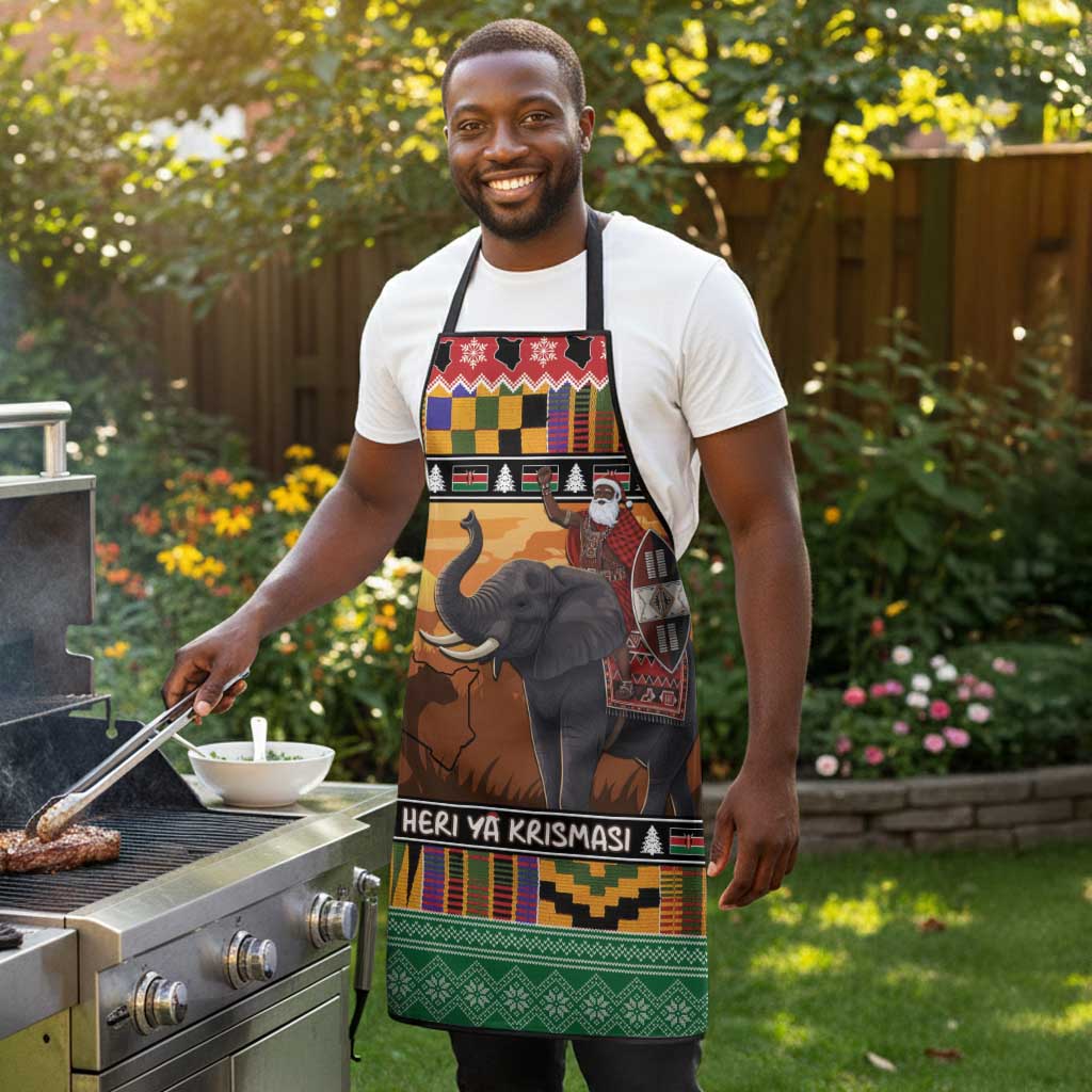Kenya Safari Christmas Apron Black Santa Riding Elephant - Heri ya Krismasi