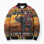 Kenya Safari Christmas Bomber Puffer Jacket Black Santa Riding Elephant - Heri ya Krismasi