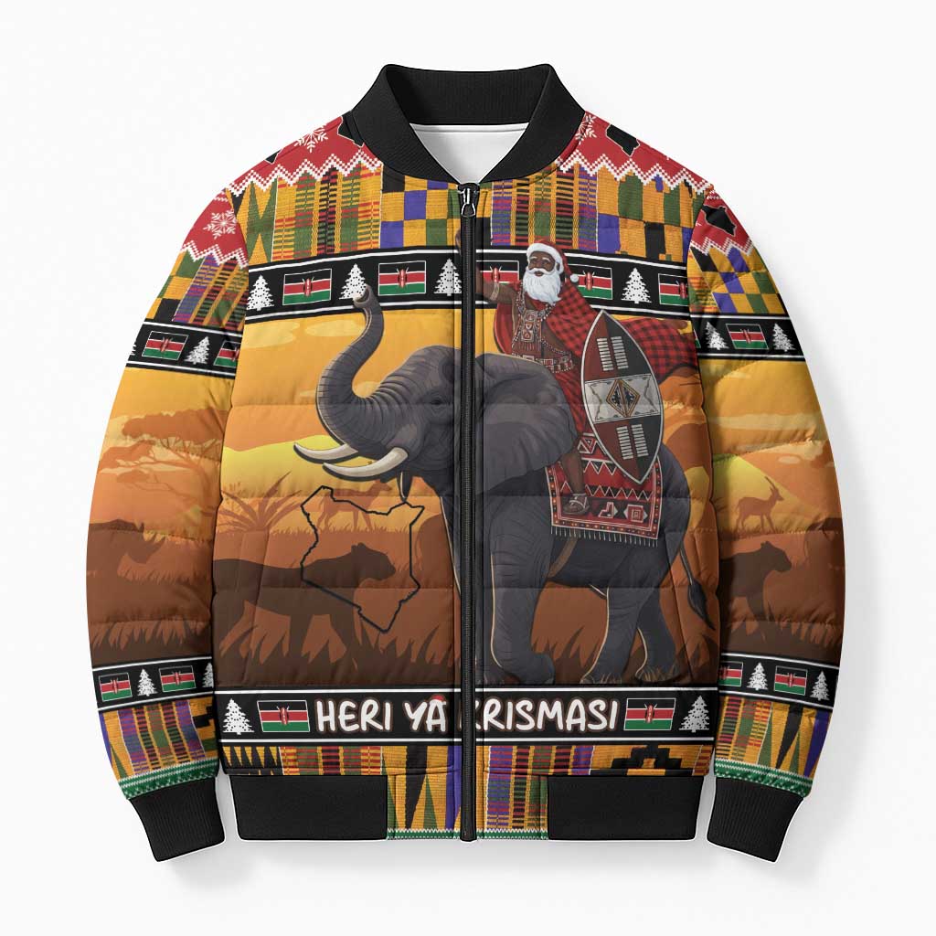 Kenya Safari Christmas Bomber Puffer Jacket Black Santa Riding Elephant - Heri ya Krismasi