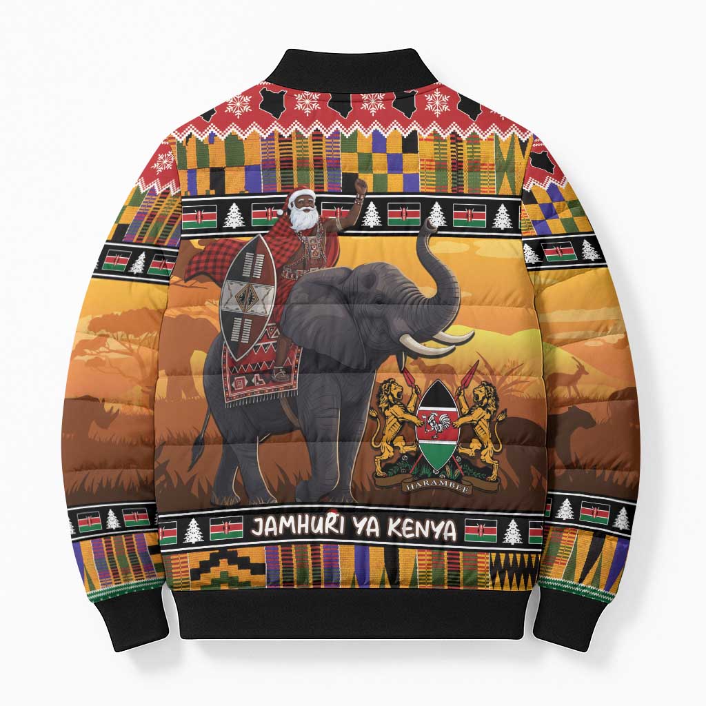 Kenya Safari Christmas Bomber Puffer Jacket Black Santa Riding Elephant - Heri ya Krismasi