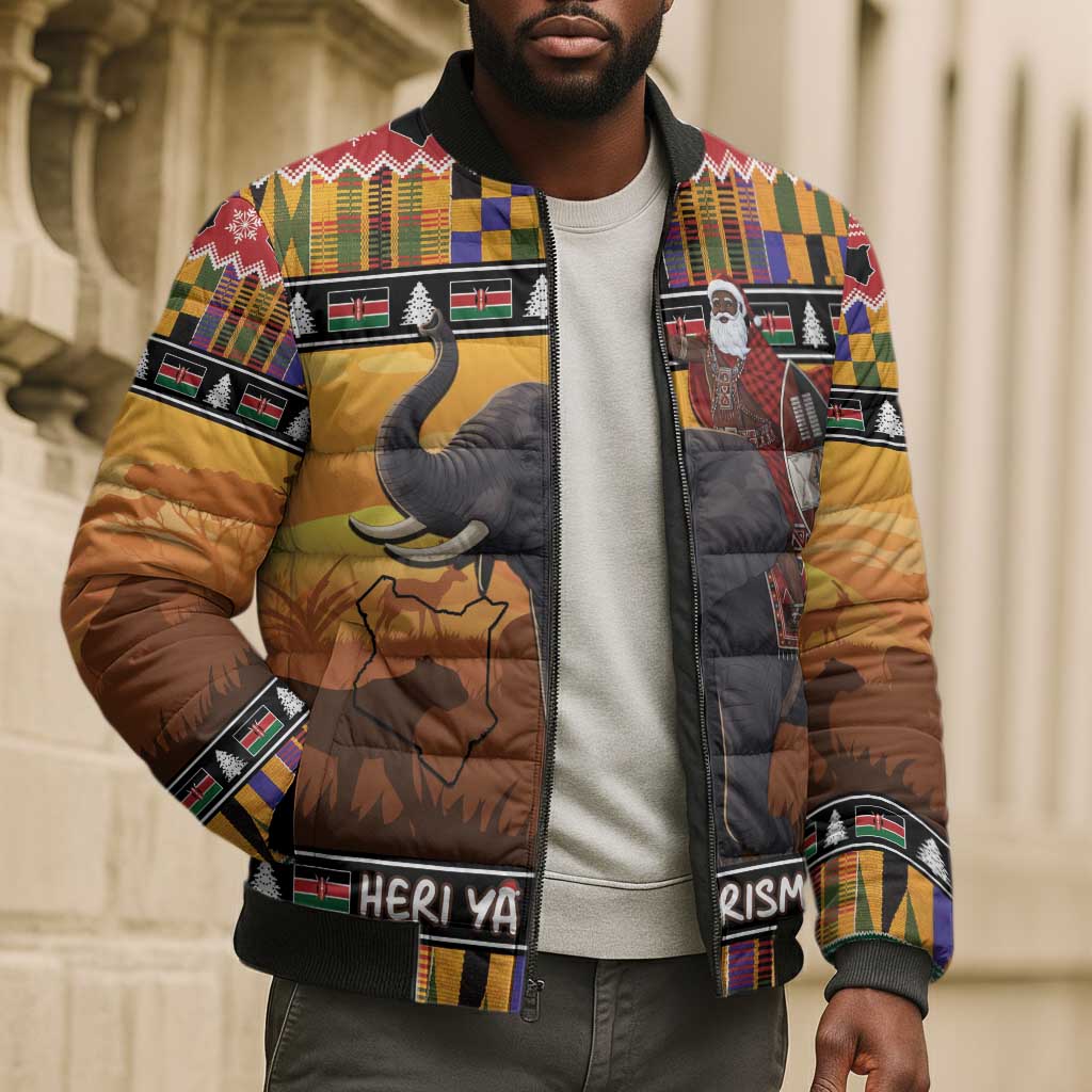 Kenya Safari Christmas Bomber Puffer Jacket Black Santa Riding Elephant - Heri ya Krismasi