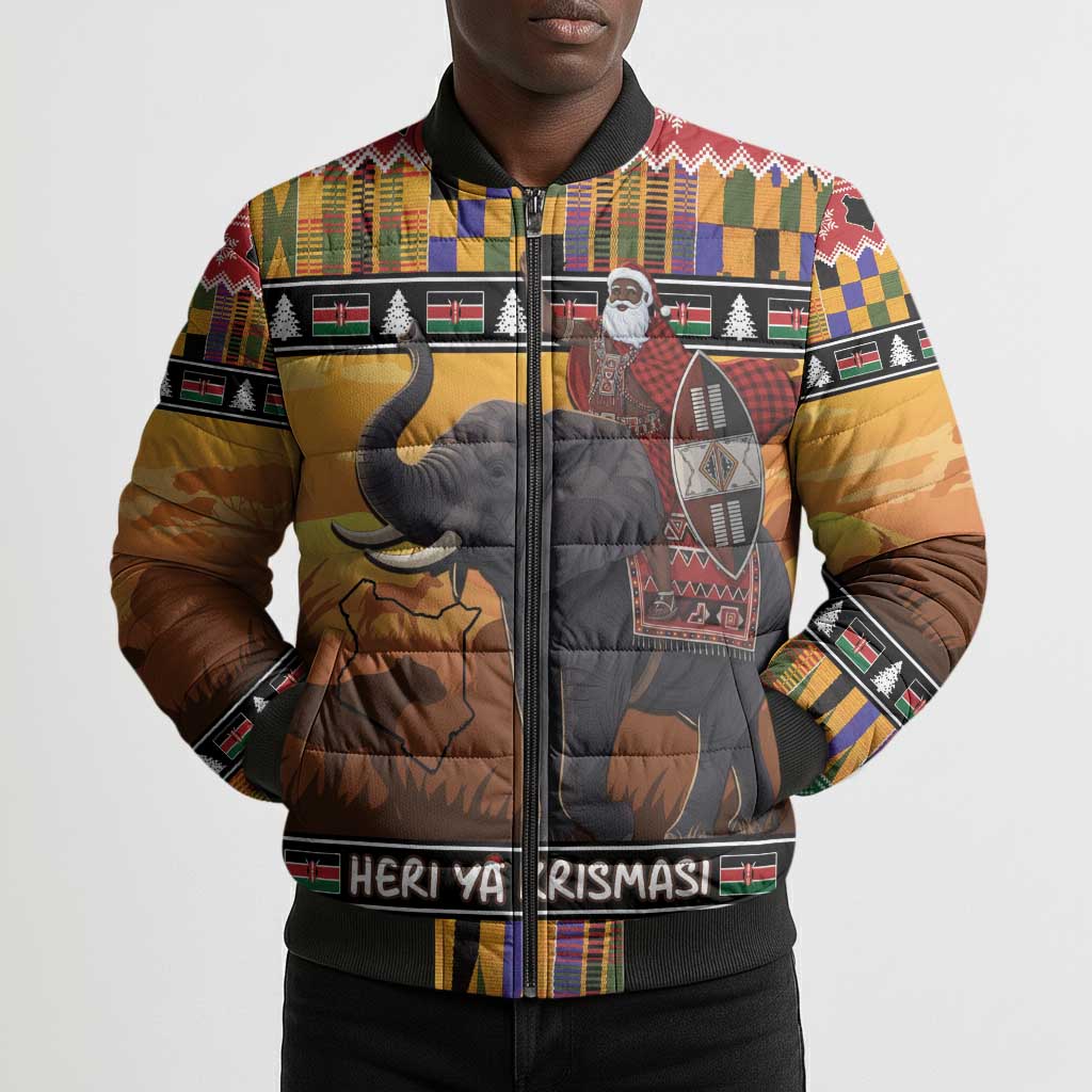 Kenya Safari Christmas Bomber Puffer Jacket Black Santa Riding Elephant - Heri ya Krismasi