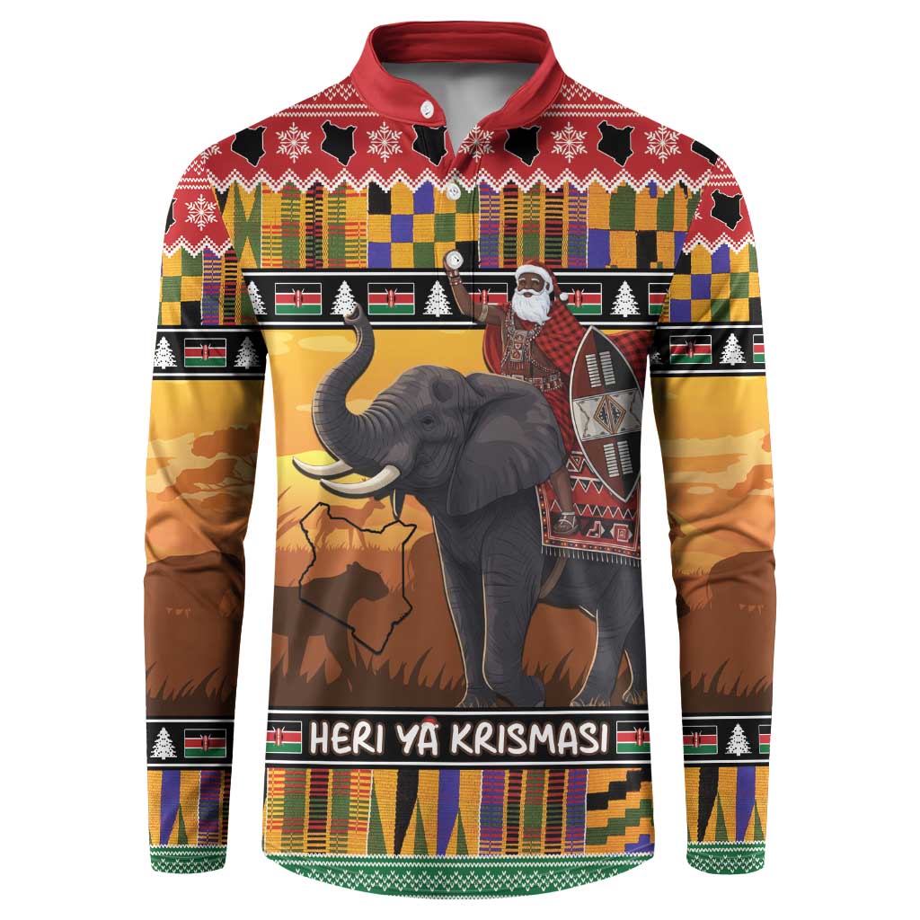 Kenya Safari Christmas Button Sweatshirt Black Santa Riding Elephant - Heri ya Krismasi
