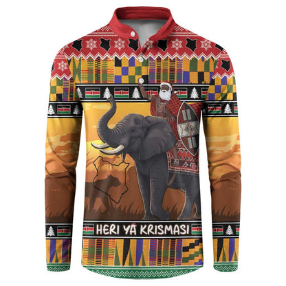 Kenya Safari Christmas Button Sweatshirt Black Santa Riding Elephant - Heri ya Krismasi