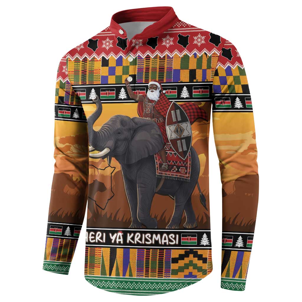 Kenya Safari Christmas Button Sweatshirt Black Santa Riding Elephant - Heri ya Krismasi