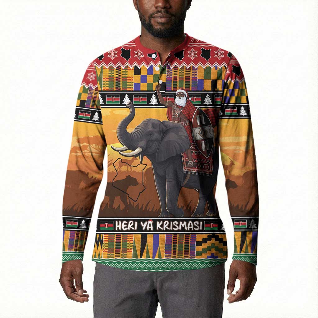 Kenya Safari Christmas Button Sweatshirt Black Santa Riding Elephant - Heri ya Krismasi