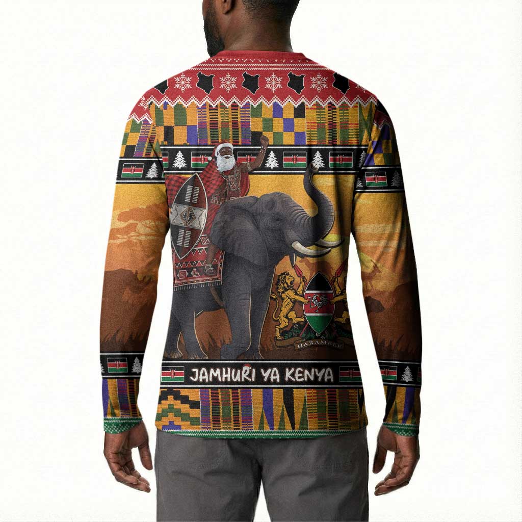 Kenya Safari Christmas Button Sweatshirt Black Santa Riding Elephant - Heri ya Krismasi