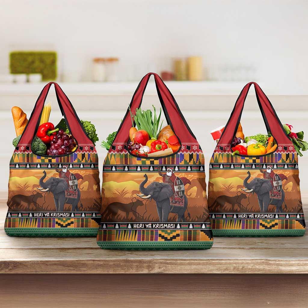 Afro Christmas in Kenya Safari Grocery Bag Black Santa Riding Elephant - African Pride