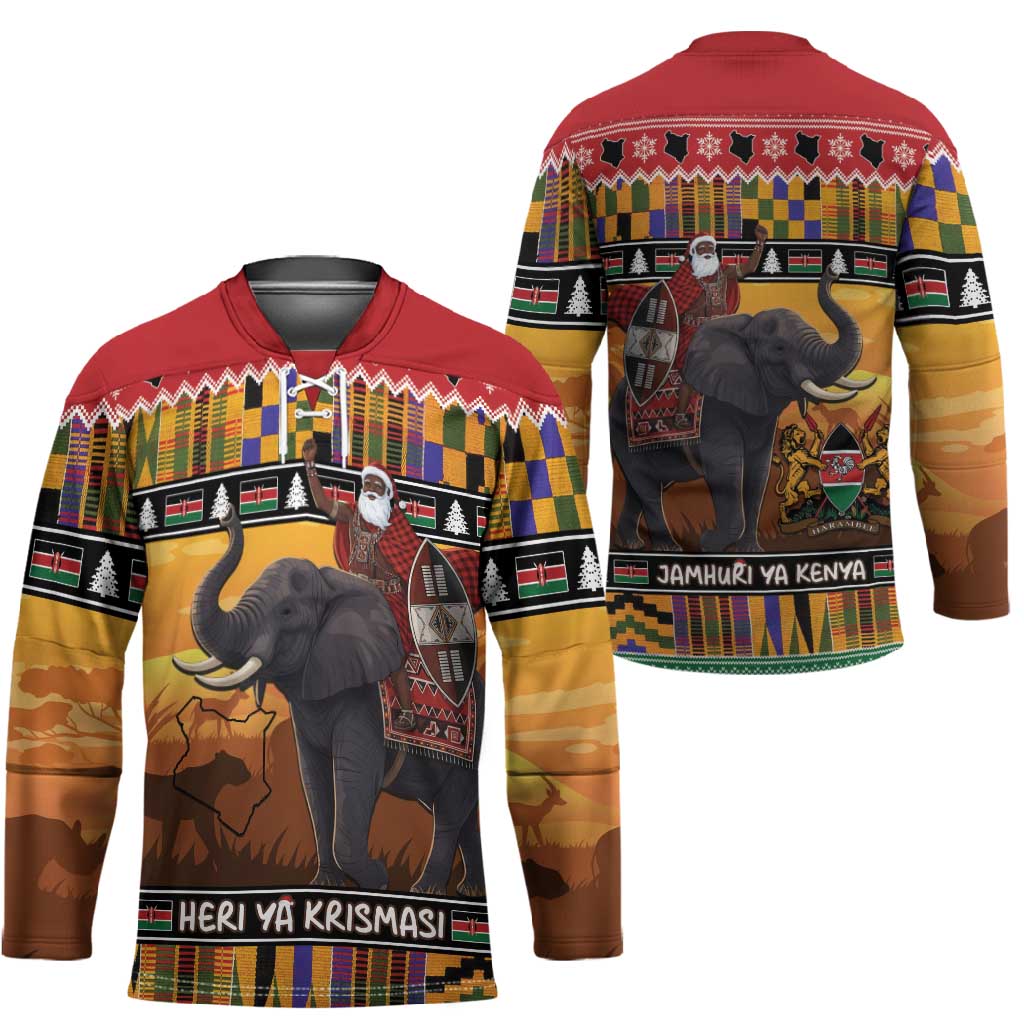 Kenya Safari Christmas Hockey Jersey Black Santa Riding Elephant - Heri ya Krismasi