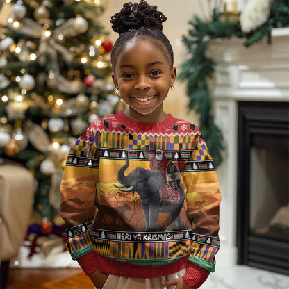 Afro Christmas in Kenya Safari Kid Ugly Christmas Sweater Black Santa Riding Elephant - African Pride
