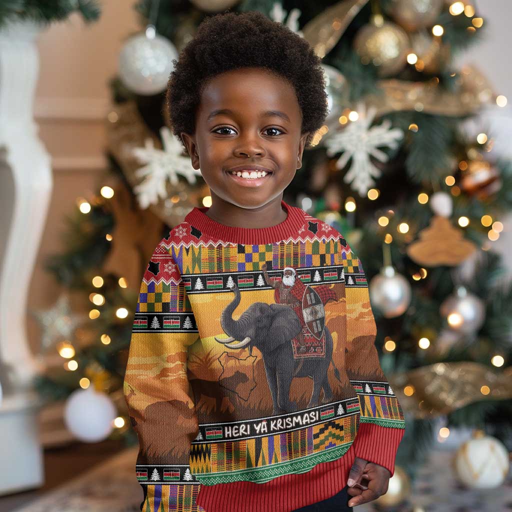 Afro Christmas in Kenya Safari Kid Ugly Christmas Sweater Black Santa Riding Elephant - African Pride