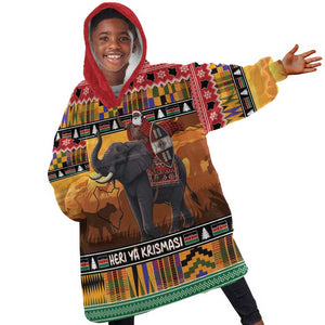 Afro Christmas in Kenya Safari Kid Wearable Blanket Hoodie Black Santa Riding Elephant - African Pride