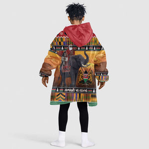 Afro Christmas in Kenya Safari Kid Wearable Blanket Hoodie Black Santa Riding Elephant - African Pride
