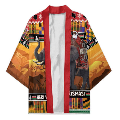 Kenya Safari Christmas Kimono Black Santa Riding Elephant - Heri ya Krismasi