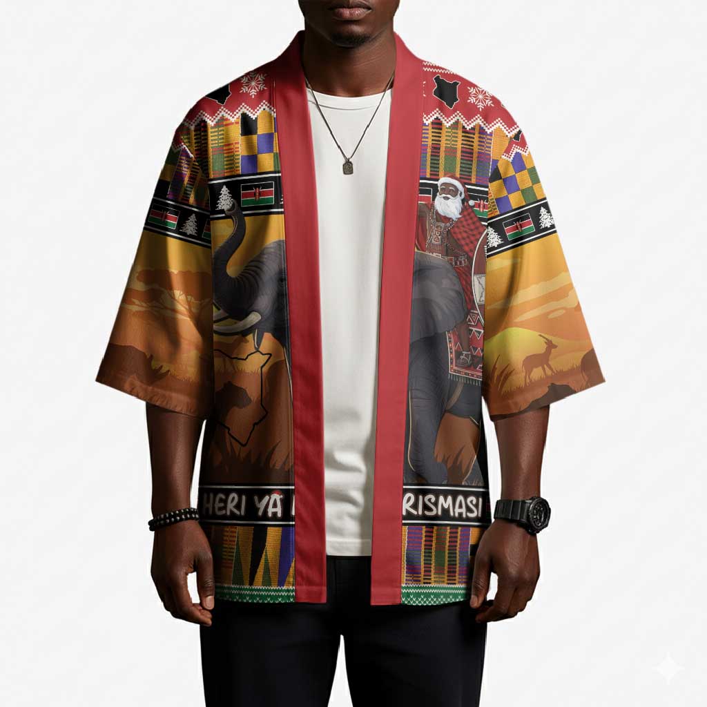 Kenya Safari Christmas Kimono Black Santa Riding Elephant - Heri ya Krismasi