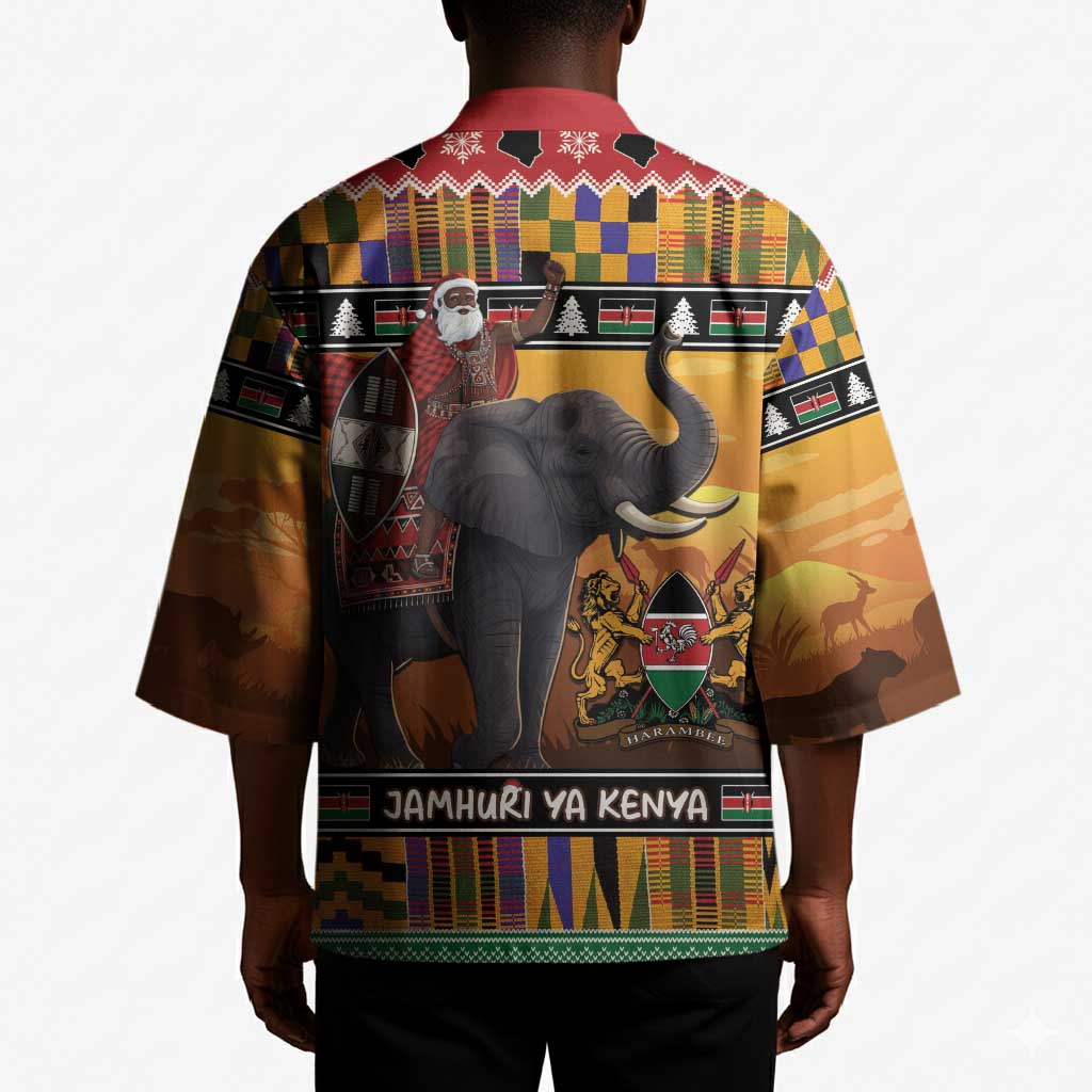 Kenya Safari Christmas Kimono Black Santa Riding Elephant - Heri ya Krismasi