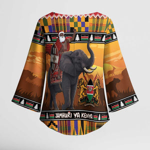 Kenya Safari Christmas Kimono Sleeve Blouse Black Santa Riding Elephant - Heri ya Krismasi
