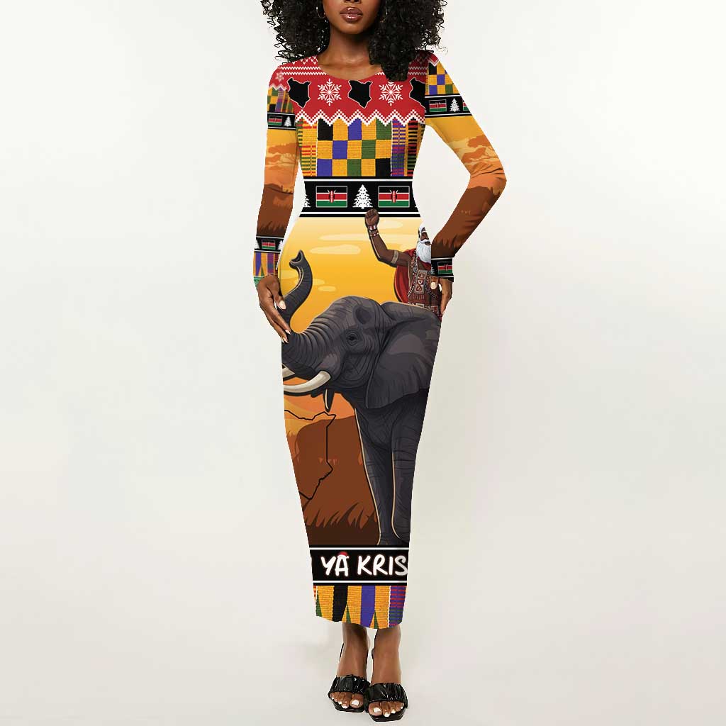 Afro Christmas in Kenya Safari Long Sleeve Bodycon Dress Black Santa Riding Elephant - African Pride
