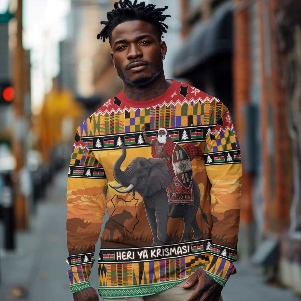 Afro Christmas in Kenya Safari Long Sleeve Shirt Black Santa Riding Elephant - African Pride