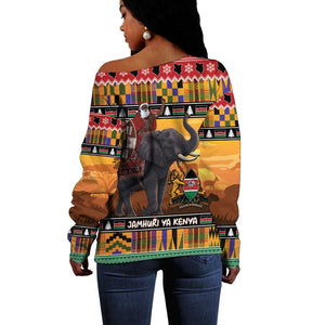 Afro Christmas in Kenya Safari Off Shoulder Sweater Black Santa Riding Elephant - African Pride