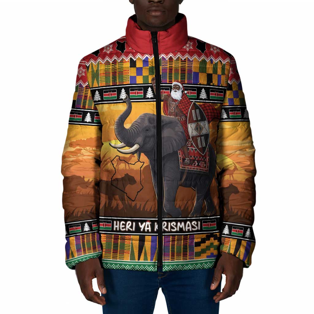 Kenya Safari Christmas Padded Jacket Black Santa Riding Elephant - Heri ya Krismasi
