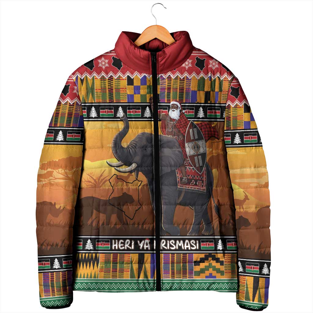 Kenya Safari Christmas Padded Jacket Black Santa Riding Elephant - Heri ya Krismasi