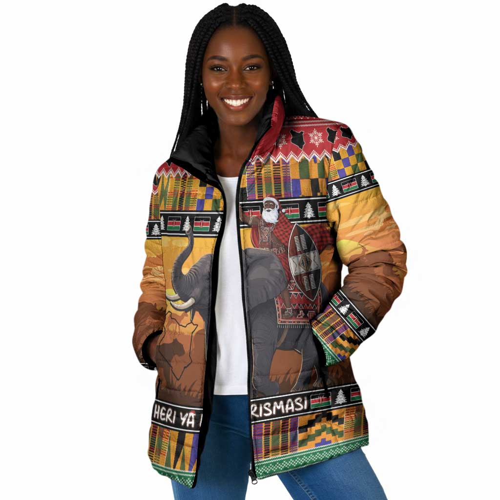 Kenya Safari Christmas Padded Jacket Black Santa Riding Elephant - Heri ya Krismasi