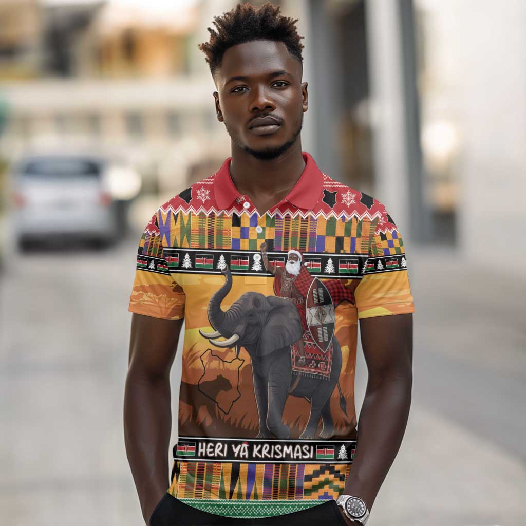 Afro Christmas in Kenya Safari Polo Shirt Black Santa Riding Elephant - African Pride