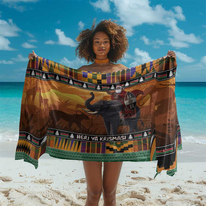 Afro Christmas in Kenya Safari Sarong Black Santa Riding Elephant - African Pride