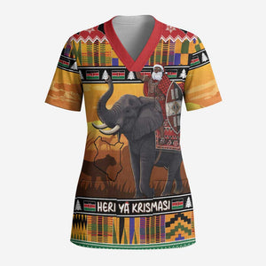 Kenya Safari Christmas Scrub Top Black Santa Riding Elephant - Heri ya Krismasi - African Pride