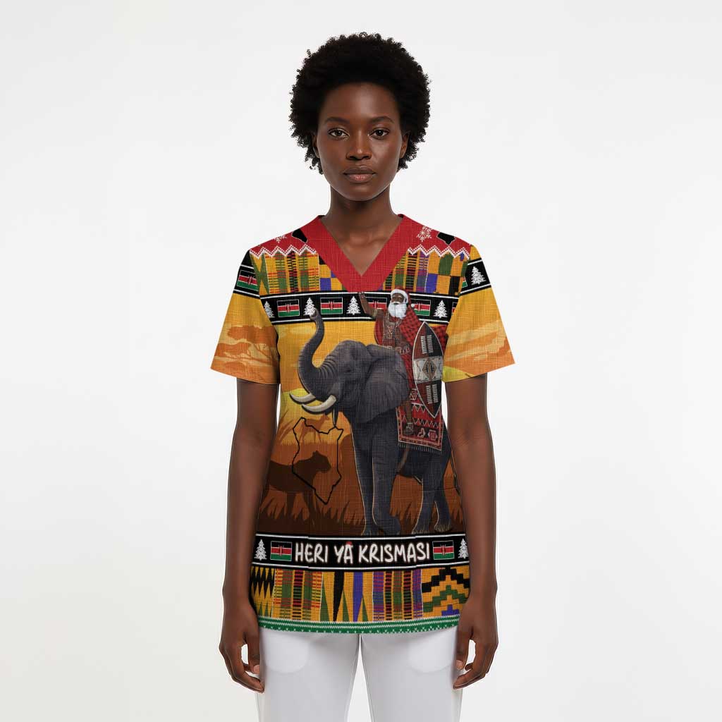 Kenya Safari Christmas Scrub Top Black Santa Riding Elephant - Heri ya Krismasi - African Pride