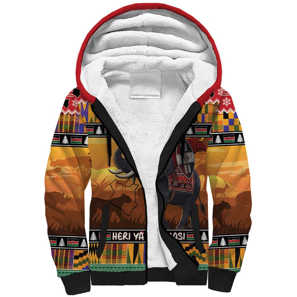 Afro Christmas in Kenya Safari Sherpa Hoodie Black Santa Riding Elephant - African Pride