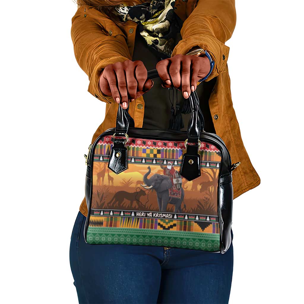 Afro Christmas in Kenya Safari Shoulder Handbag Black Santa Riding Elephant - African Pride