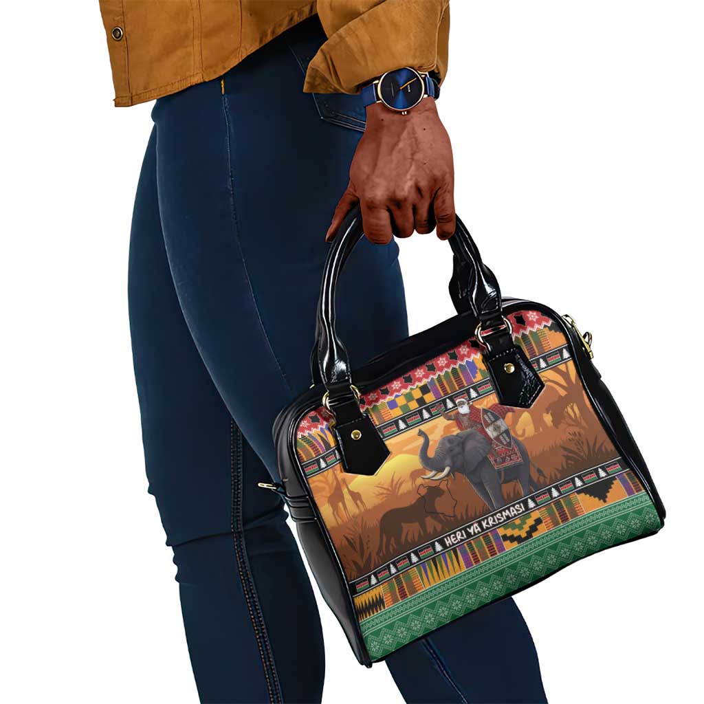 Afro Christmas in Kenya Safari Shoulder Handbag Black Santa Riding Elephant - African Pride