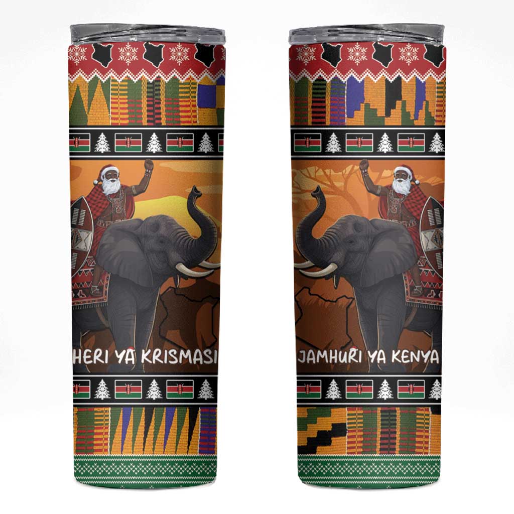 Afro Christmas in Kenya Safari Skinny Tumbler Black Santa Riding Elephant - African Pride