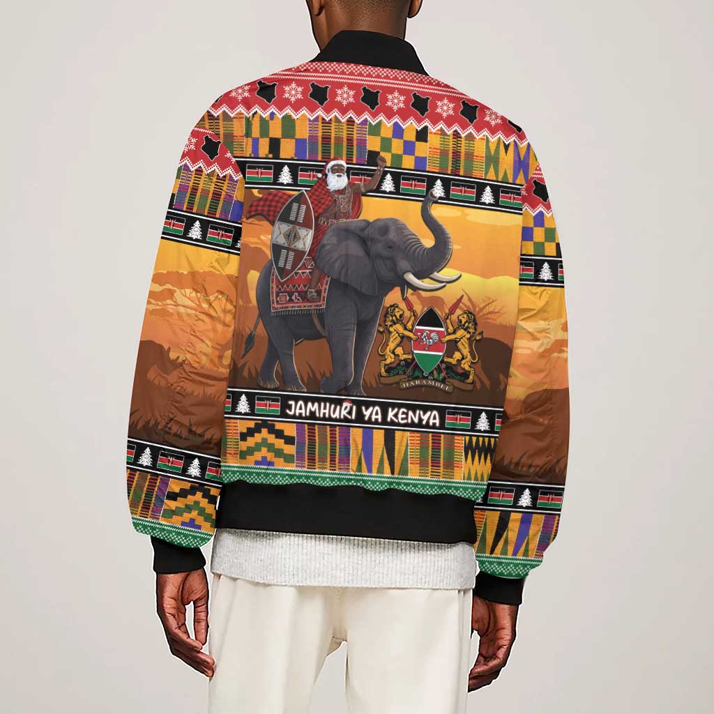 Afro Christmas in Kenya Safari Sleeve Zip Bomber Jacket Black Santa Riding Elephant - African Pride