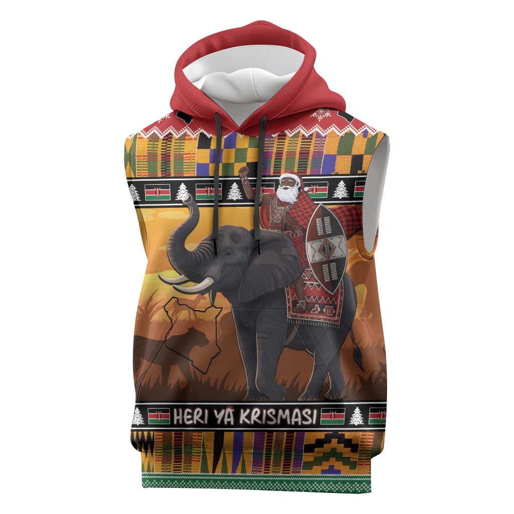 Afro Christmas in Kenya Safari Sleeveless Hoodie Black Santa Riding Elephant - African Pride