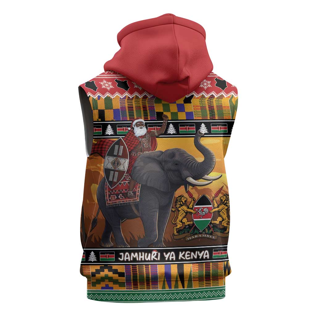 Afro Christmas in Kenya Safari Sleeveless Hoodie Black Santa Riding Elephant - African Pride