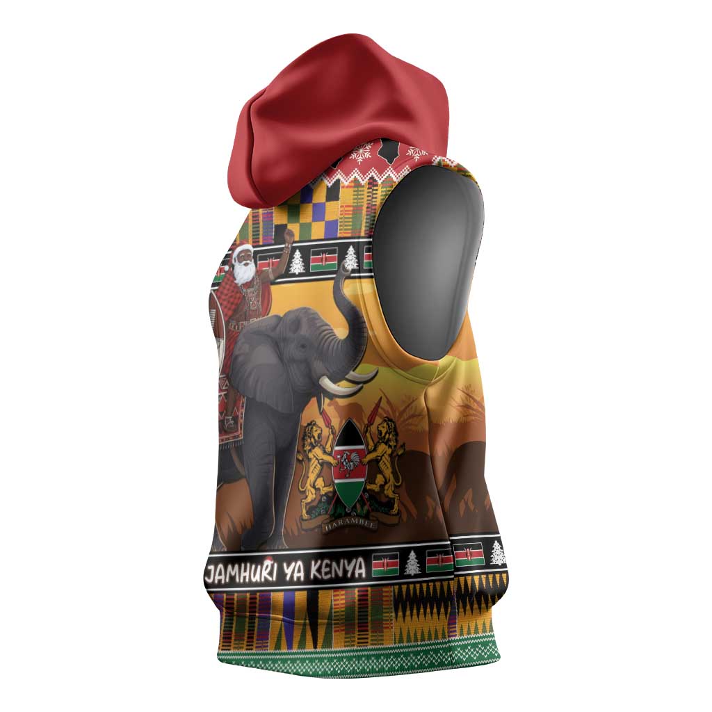 Afro Christmas in Kenya Safari Sleeveless Hoodie Black Santa Riding Elephant - African Pride
