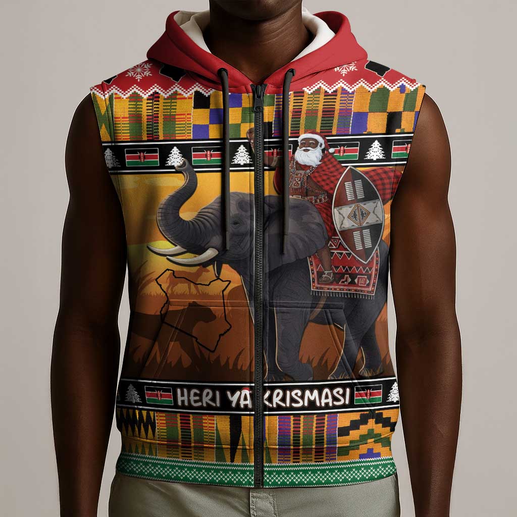 Afro Christmas in Kenya Safari Sleeveless Zip Hoodie Black Santa Riding Elephant - African Pride