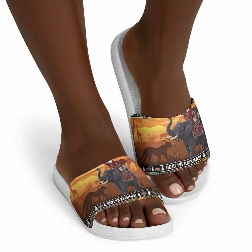Kenya Safari Christmas Slide Sandals Black Santa Riding Elephant - Heri ya Krismasi