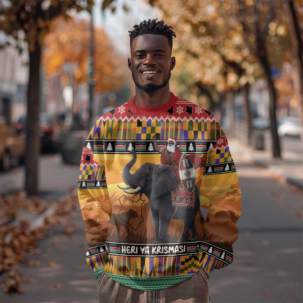 Afro Christmas in Kenya Safari Sweatshirt Black Santa Riding Elephant - African Pride