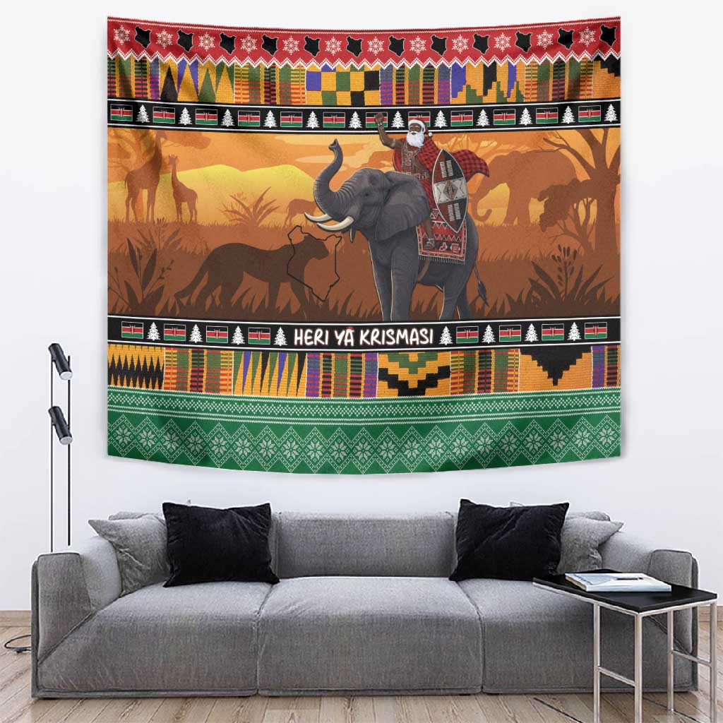 Afro Christmas in Kenya Safari Tapestry Black Santa Riding Elephant - African Pride