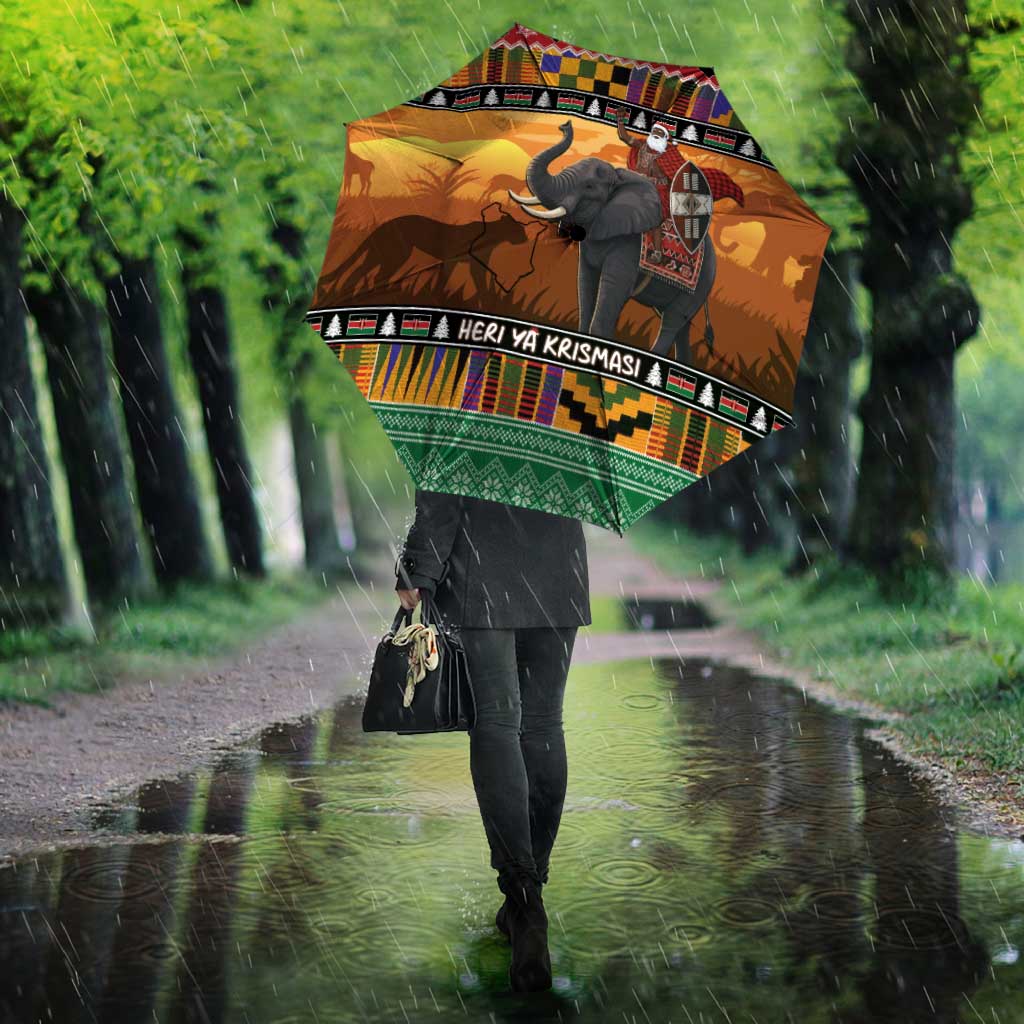 Kenya Safari Christmas Umbrella Black Santa Riding Elephant - Heri ya Krismasi